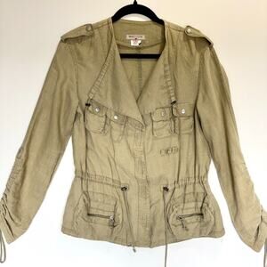 Biscote Paris Venturi 100% Linen Utility Safari Jacket Olive Green Small Size 1